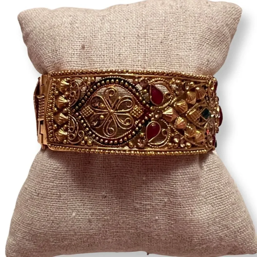 Indian Style Red Green Stone Gold Clamper Bracelet